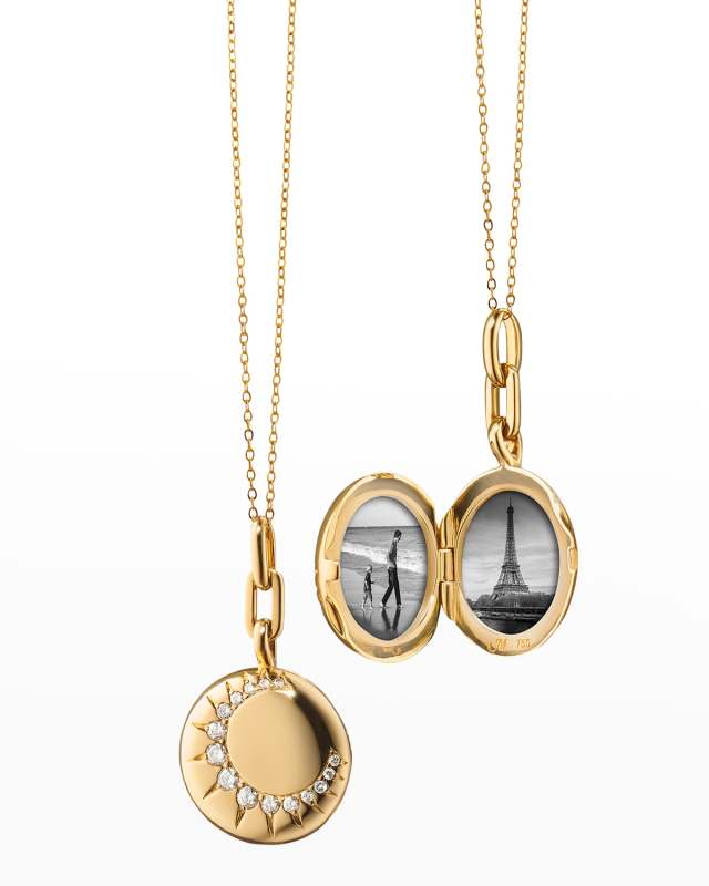 18K Gold Round Sun Locket with Diamonds on a 17" Delicate Belcher Chain